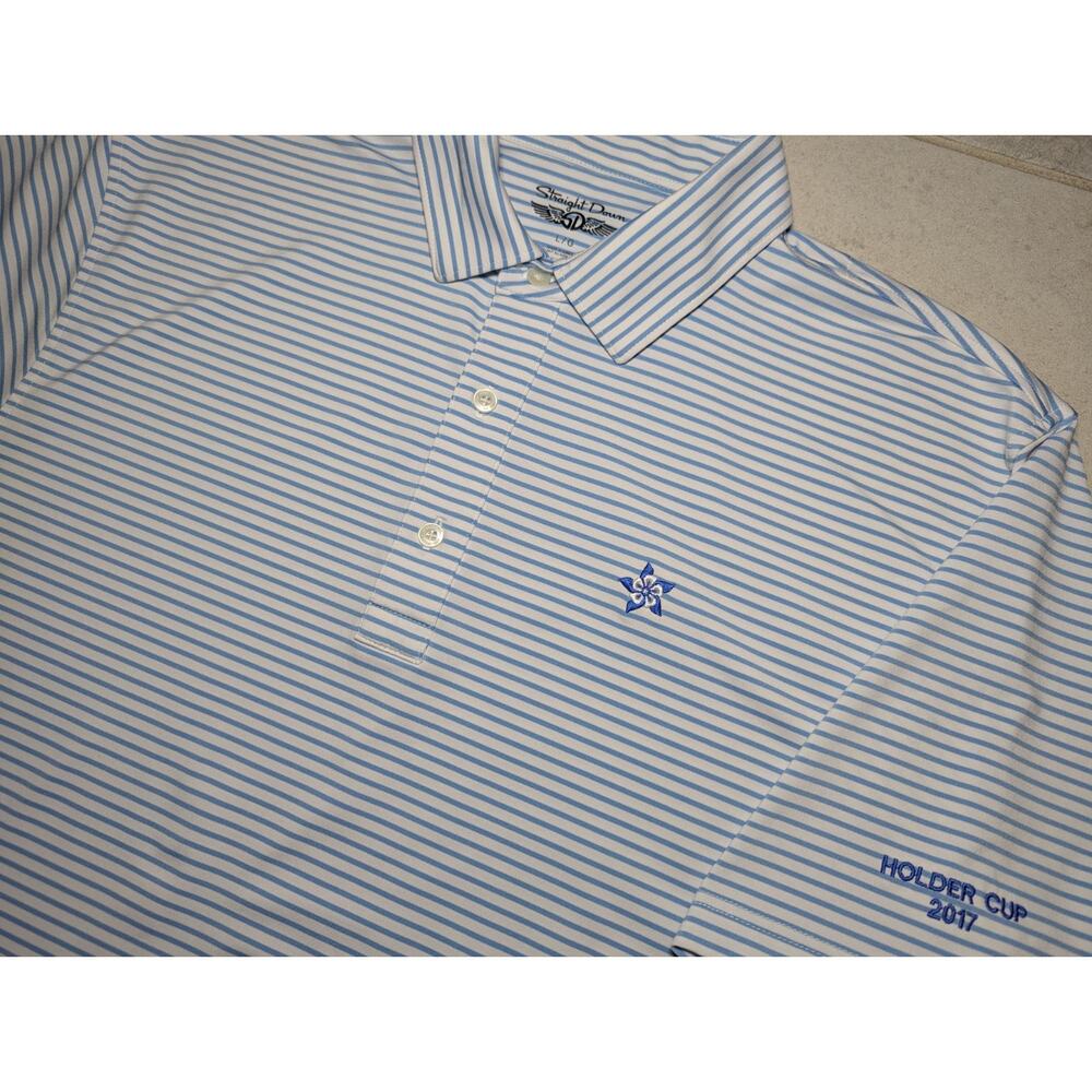 Straight Down Men's Large Performance Golf Polo Shirt Holder Cup Striped Blue